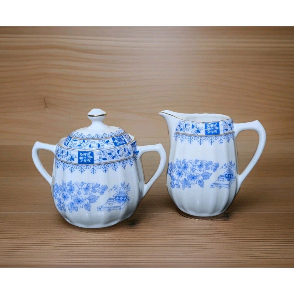 Vintage CHINA BLAU Bavaria Creamer and Sugar Bowl w/Lid Blue White